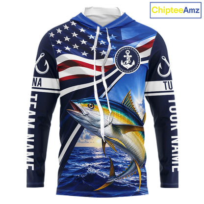 American Flag Yellowfin Tuna Fishing Long Sleeve Hooded Saltwater Fishing Shirts, Custom Tuna Fishing Jerseys NBT1027