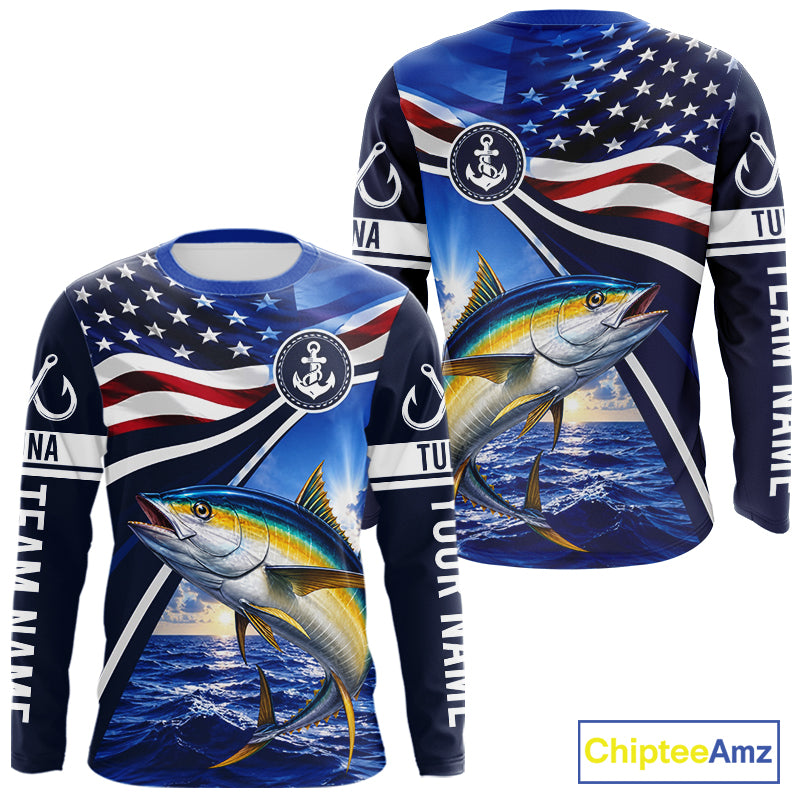 American Flag Yellowfin Tuna Fishing Long Sleeve Saltwater Fishing Shirts, Custom Tuna Fishing Jerseys NBT1027