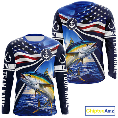 American Flag Yellowfin Tuna Fishing Long Sleeve Saltwater Fishing Shirts, Custom Tuna Fishing Jerseys NBT1027
