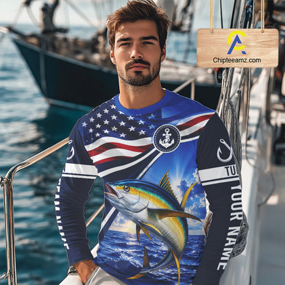American Flag Yellowfin Tuna Fishing Long Sleeve Saltwater Fishing Shirts, Custom Tuna Fishing Jerseys NBT1027