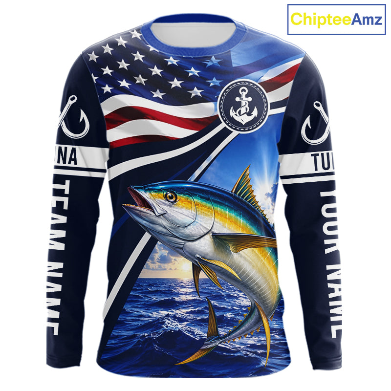 American Flag Yellowfin Tuna Fishing Long Sleeve Saltwater Fishing Shirts, Custom Tuna Fishing Jerseys NBT1027