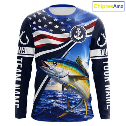 American Flag Yellowfin Tuna Fishing Long Sleeve Saltwater Fishing Shirts, Custom Tuna Fishing Jerseys NBT1027