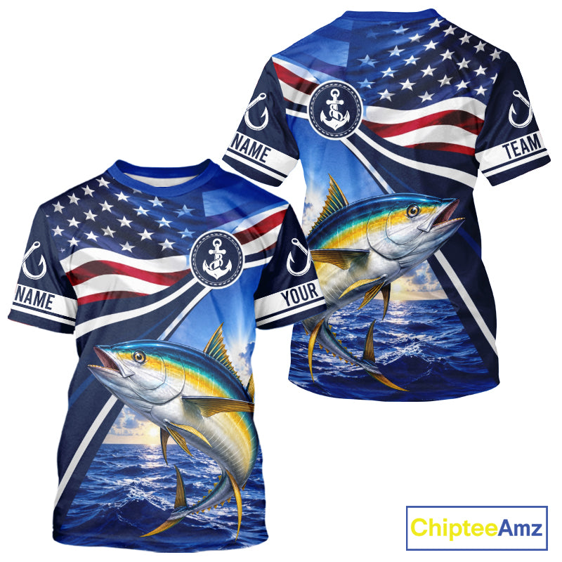 American Flag Yellowfin Tuna Fishing Saltwater Fishing T-Shirts, Custom Tuna Fishing Jerseys NBT1027