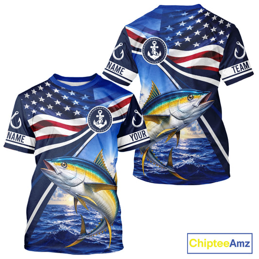American Flag Yellowfin Tuna Fishing Saltwater Fishing T-Shirts, Custom Tuna Fishing Jerseys NBT1027