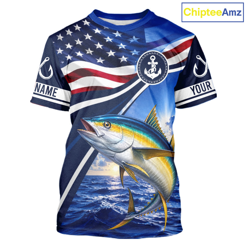 American Flag Yellowfin Tuna Fishing Saltwater Fishing T-Shirts, Custom Tuna Fishing Jerseys NBT1027