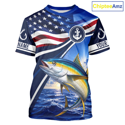 American Flag Yellowfin Tuna Fishing Saltwater Fishing T-Shirts, Custom Tuna Fishing Jerseys NBT1027