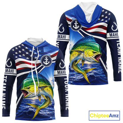 American Flag Mahi Mahi Fishing Long Sleeve Hooded Saltwater Fishing Shirts, Custom Mahi Mahi Fishing Jerseys NBT1028