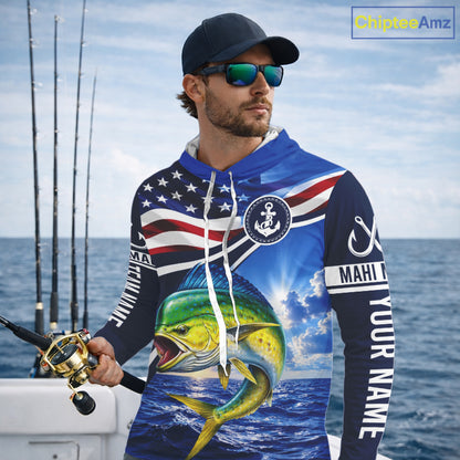 American Flag Mahi Mahi Fishing Long Sleeve Hooded Saltwater Fishing Shirts, Custom Mahi Mahi Fishing Jerseys NBT1028