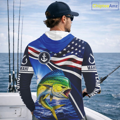 American Flag Mahi Mahi Fishing Long Sleeve Hooded Saltwater Fishing Shirts, Custom Mahi Mahi Fishing Jerseys NBT1028
