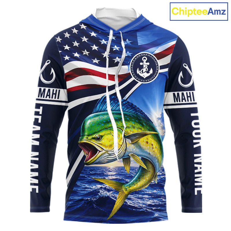 American Flag Mahi Mahi Fishing Long Sleeve Hooded Saltwater Fishing Shirts, Custom Mahi Mahi Fishing Jerseys NBT1028