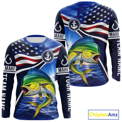 American Flag Mahi Mahi Fishing Long Sleeve Saltwater Fishing Shirts, Custom Mahi Mahi Fishing Jerseys NBT1028