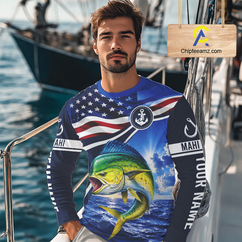 American Flag Mahi Mahi Fishing Long Sleeve Saltwater Fishing Shirts, Custom Mahi Mahi Fishing Jerseys NBT1028