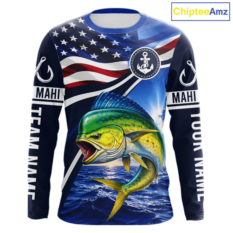 American Flag Mahi Mahi Fishing Long Sleeve Saltwater Fishing Shirts, Custom Mahi Mahi Fishing Jerseys NBT1028