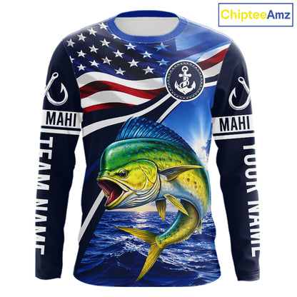 American Flag Mahi Mahi Fishing Long Sleeve Saltwater Fishing Shirts, Custom Mahi Mahi Fishing Jerseys NBT1028