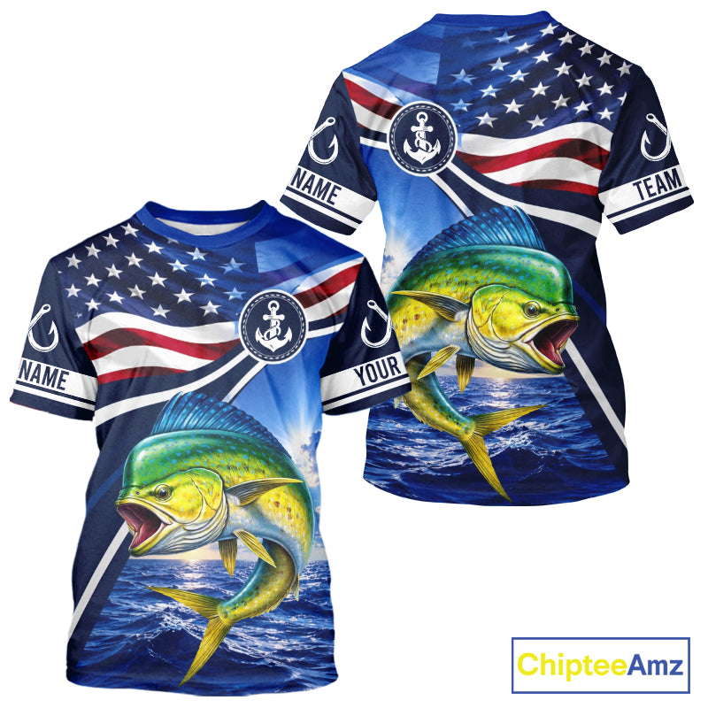 American Flag Mahi Mahi Fishing Saltwater Fishing T-Shirts, Custom Mahi Mahi Fishing Jerseys NBT1028