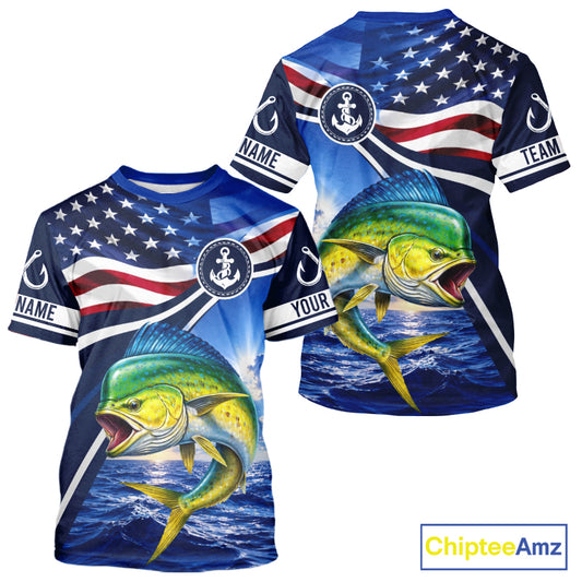 American Flag Mahi Mahi Fishing Saltwater Fishing T-Shirts, Custom Mahi Mahi Fishing Jerseys NBT1028