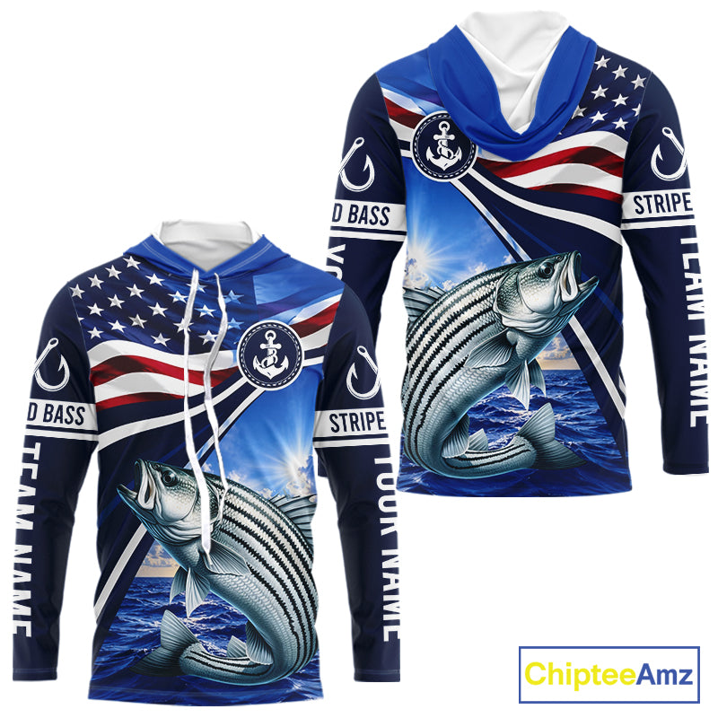 American Flag Striped Bass Fishing Long Sleeve Hooded Saltwater Fishing Shirts, Custom Striped Bass Fishing Jerseys NBT1029