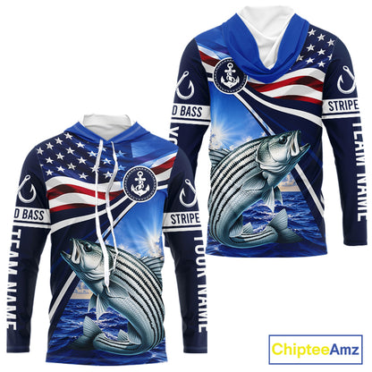 American Flag Striped Bass Fishing Long Sleeve Hooded Saltwater Fishing Shirts, Custom Striped Bass Fishing Jerseys NBT1029