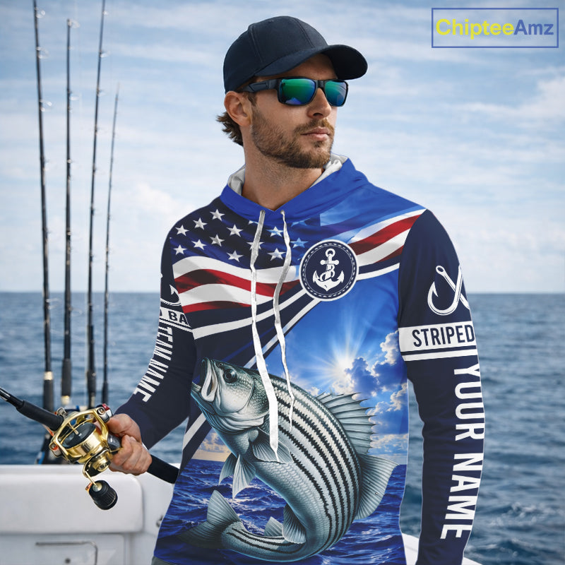 American Flag Striped Bass Fishing Long Sleeve Hooded Saltwater Fishing Shirts, Custom Striped Bass Fishing Jerseys NBT1029