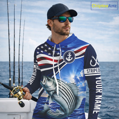 American Flag Striped Bass Fishing Long Sleeve Hooded Saltwater Fishing Shirts, Custom Striped Bass Fishing Jerseys NBT1029