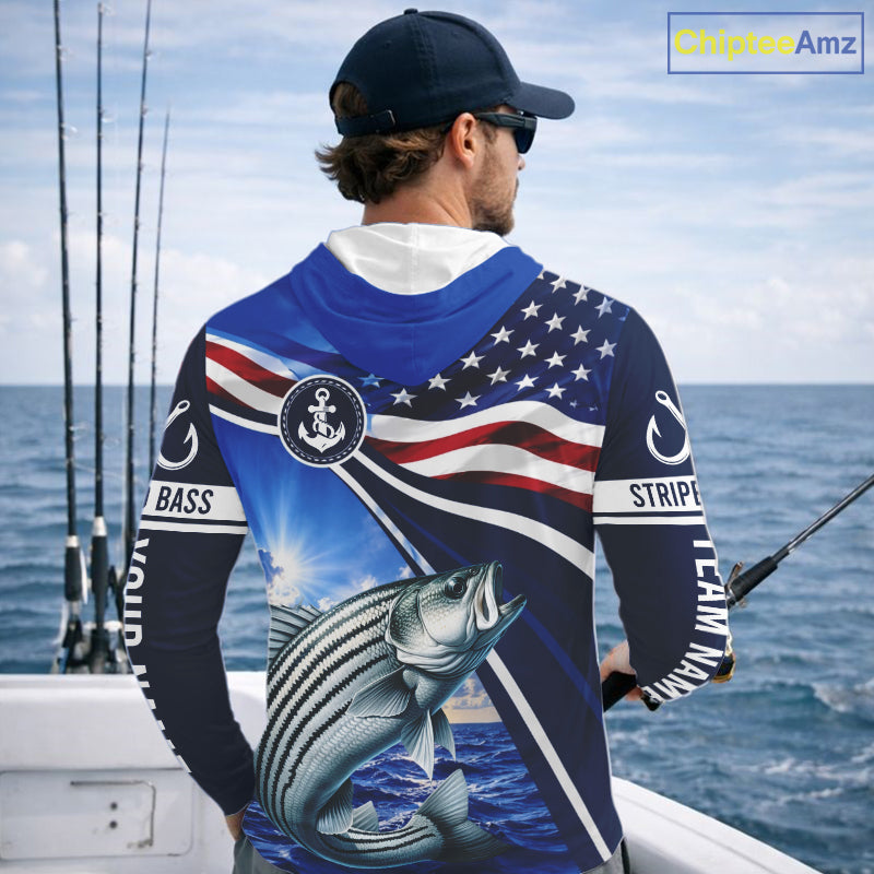 American Flag Striped Bass Fishing Long Sleeve Hooded Saltwater Fishing Shirts, Custom Striped Bass Fishing Jerseys NBT1029