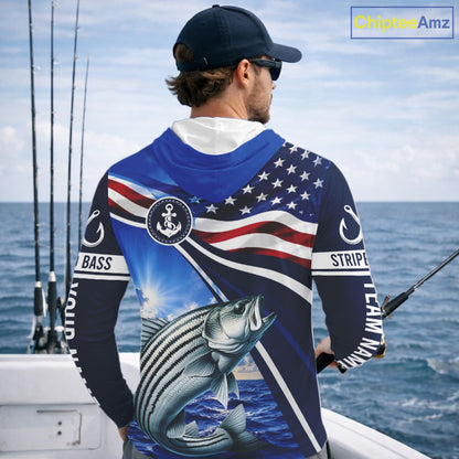 American Flag Striped Bass Fishing Long Sleeve Hooded Saltwater Fishing Shirts, Custom Striped Bass Fishing Jerseys NBT1029