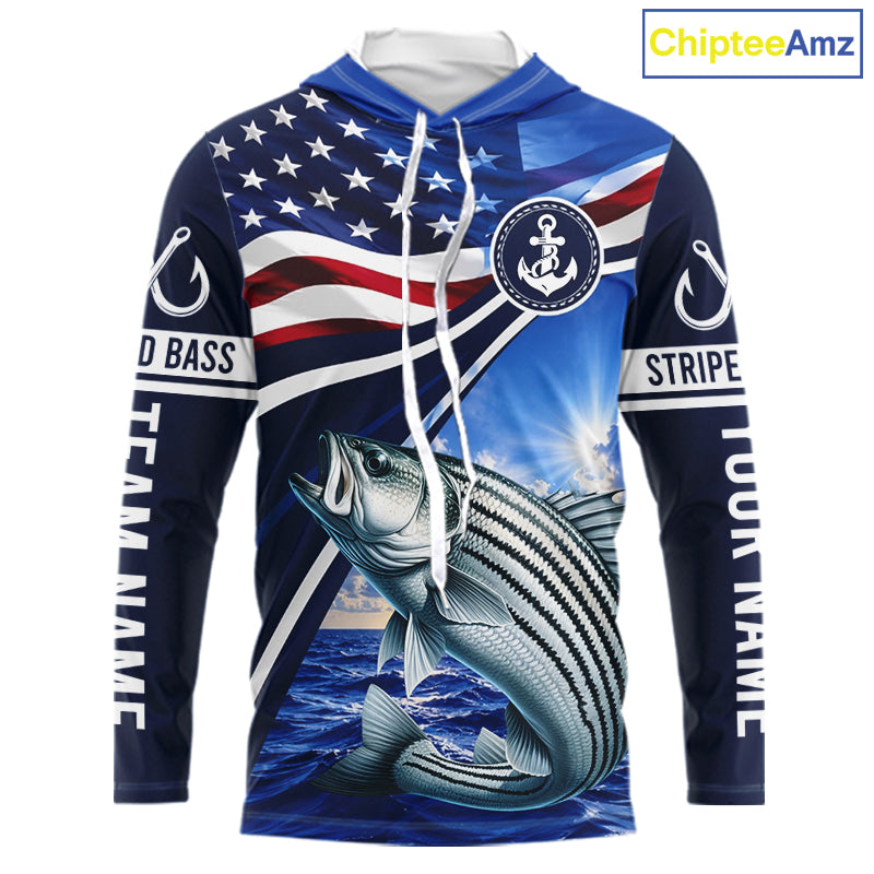 American Flag Striped Bass Fishing Long Sleeve Hooded Saltwater Fishing Shirts, Custom Striped Bass Fishing Jerseys NBT1029