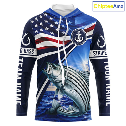 American Flag Striped Bass Fishing Long Sleeve Hooded Saltwater Fishing Shirts, Custom Striped Bass Fishing Jerseys NBT1029