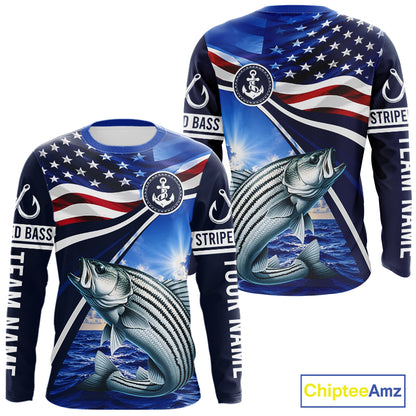 American Flag Striped Bass Fishing Long Sleeve Fishing Shirts Saltwater , Custom Striped Bass Fishing Jerseys NBT1029