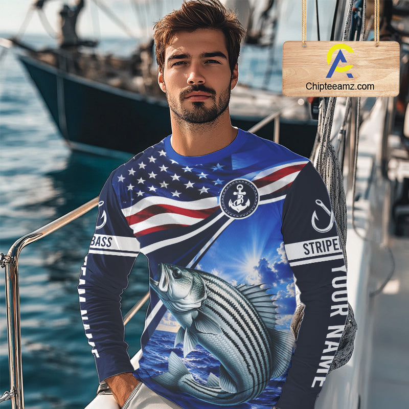 American Flag Striped Bass Fishing Long Sleeve Fishing Shirts Saltwater , Custom Striped Bass Fishing Jerseys NBT1029