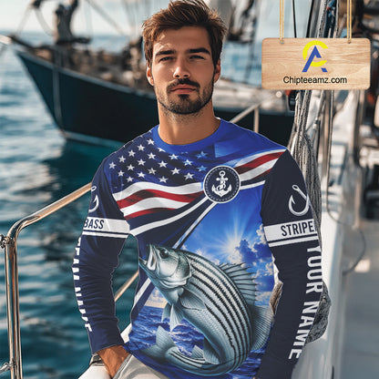 American Flag Striped Bass Fishing Long Sleeve Fishing Shirts Saltwater , Custom Striped Bass Fishing Jerseys NBT1029