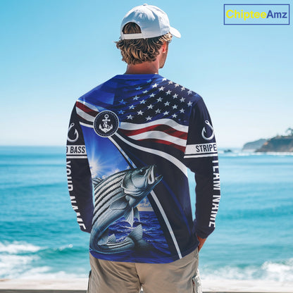 American Flag Striped Bass Fishing Long Sleeve Fishing Shirts Saltwater , Custom Striped Bass Fishing Jerseys NBT1029