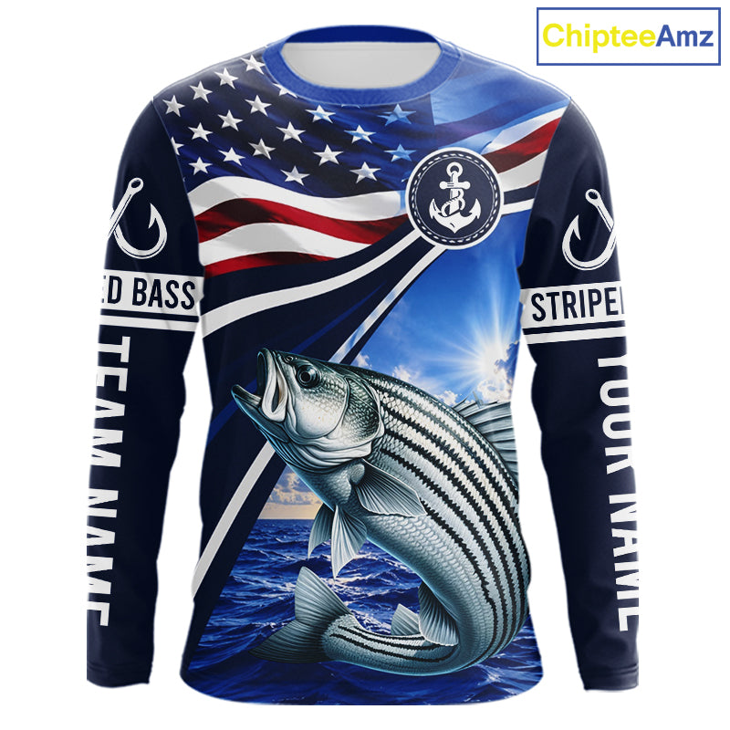 American Flag Striped Bass Fishing Long Sleeve Fishing Shirts Saltwater , Custom Striped Bass Fishing Jerseys NBT1029