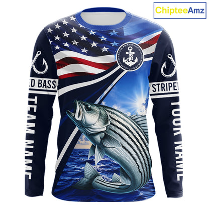 American Flag Striped Bass Fishing Long Sleeve Fishing Shirts Saltwater , Custom Striped Bass Fishing Jerseys NBT1029