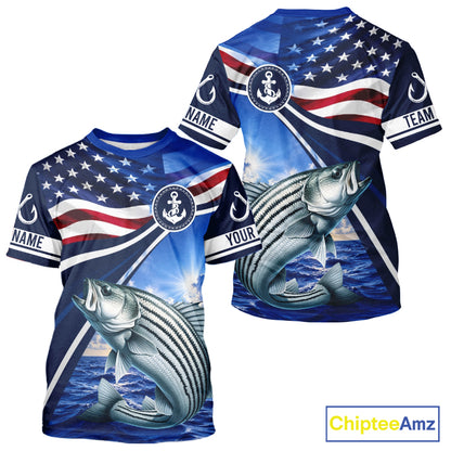 American Flag Striped Bass Fishing Saltwater Fishing T-Shirts, Custom Striped Bass Fishing Jerseys NBT1029