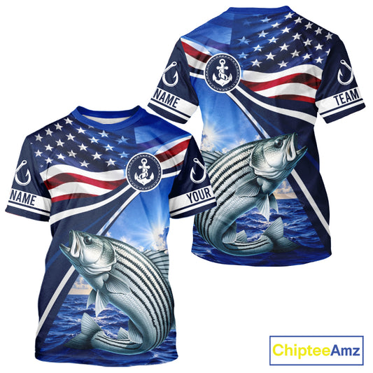 American Flag Striped Bass Fishing Saltwater Fishing T-Shirts, Custom Striped Bass Fishing Jerseys NBT1029