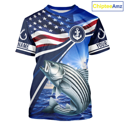 American Flag Striped Bass Fishing Saltwater Fishing T-Shirts, Custom Striped Bass Fishing Jerseys NBT1029