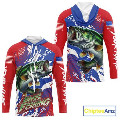 Bass Fishing American Flag Long Sleeve Hooded Fishing Shirts, Bass Fishing Shirts For Men, UPF Fishing Shirts NBT436