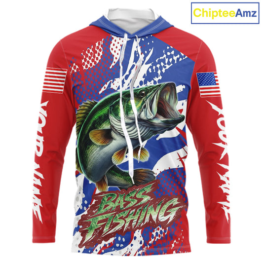 Bass Fishing American Flag Long Sleeve Hooded Fishing Shirts, Bass Fishing Shirts For Men, UPF Fishing Shirts NBT436