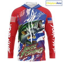 Load image into Gallery viewer, Bass Fishing American Flag Long Sleeve Hooded Fishing Shirts, Bass Fishing Shirts For Men, UPF Fishing Shirts NBT436