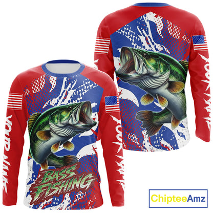 Bass Fishing American Flag Fishing Shirts Long Sleeve, Bass Fishing Shirts For Men, UPF Fishing Shirts NBT436