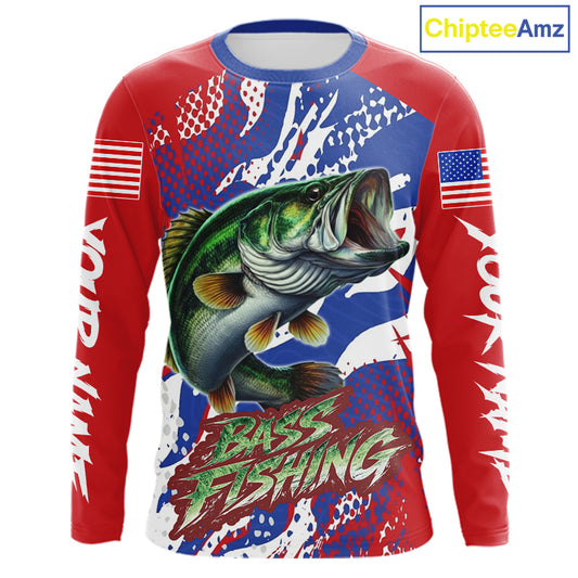 Bass Fishing American Flag Fishing Shirts Long Sleeve, Bass Fishing Shirts For Men, UPF Fishing Shirts NBT436