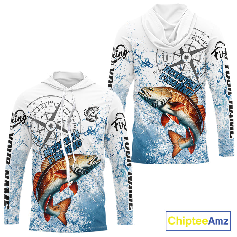 Custom Redfish Long Sleeve Hooded Fishing Shirts Saltwater Fish, Compass Offshore Tournament Fishing Shirts NBT551