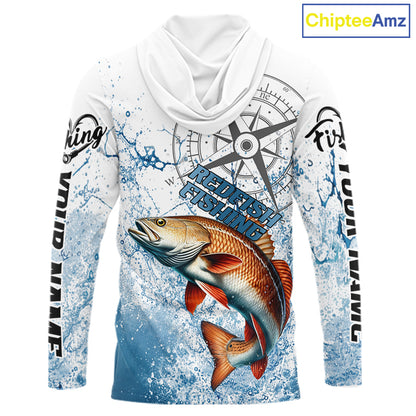 Custom Redfish Long Sleeve Hooded Fishing Shirts Saltwater Fish, Compass Offshore Tournament Fishing Shirts NBT551