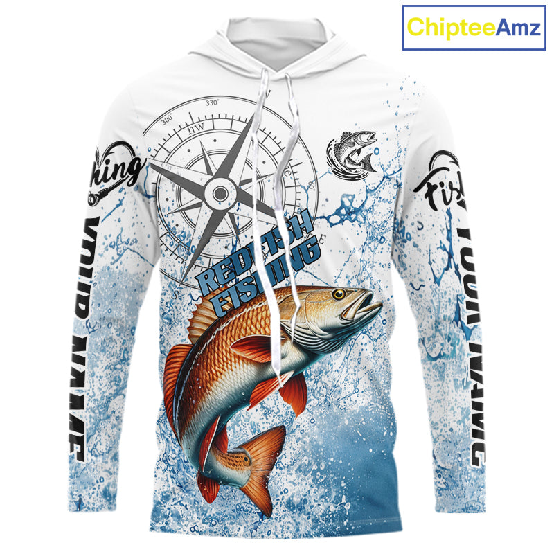 Custom Redfish Long Sleeve Hooded Fishing Shirts Saltwater Fish, Compass Offshore Tournament Fishing Shirts NBT551