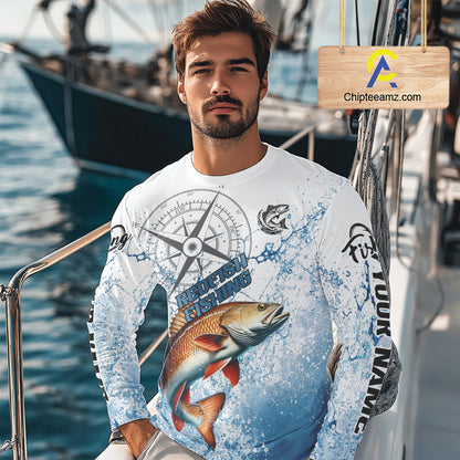 Custom Redfish Long Sleeve Fishing Shirts Saltwater Fish, Compass Offshore Tournament Fishing Shirts NBT551