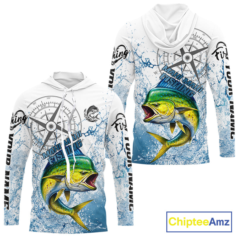 Custom Mahi Mahi Long Sleeve Hooded Fishing Shirts Saltwater Fish, Compass Offshore Tournament Fishing Shirts NBT552