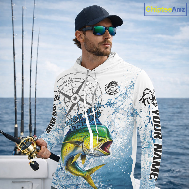 Custom Mahi Mahi Long Sleeve Hooded Fishing Shirts Saltwater Fish, Compass Offshore Tournament Fishing Shirts NBT552