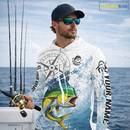 Custom Mahi Mahi Long Sleeve Hooded Fishing Shirts Saltwater Fish, Compass Offshore Tournament Fishing Shirts NBT552