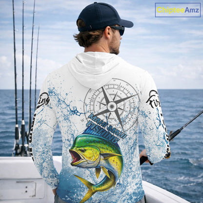 Custom Mahi Mahi Long Sleeve Hooded Fishing Shirts Saltwater Fish, Compass Offshore Tournament Fishing Shirts NBT552